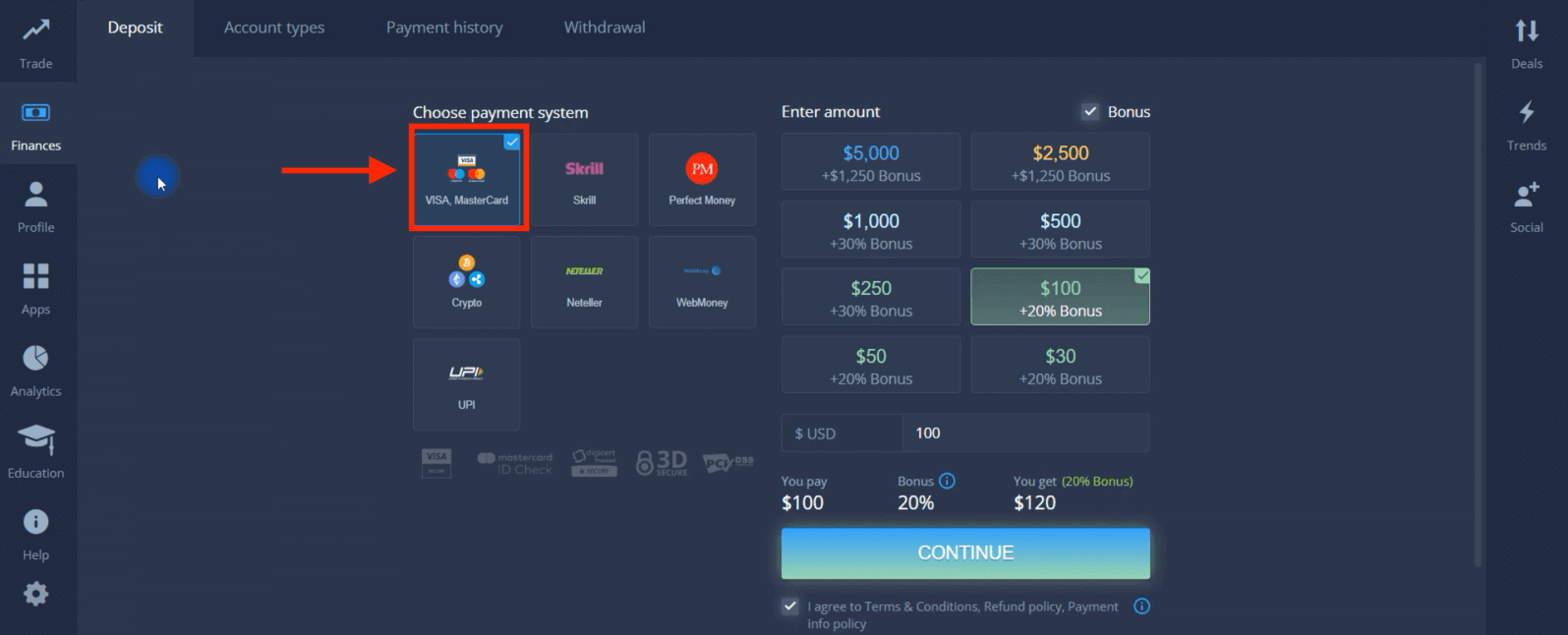 Deposite dinheiro em ExpertOption via cartões bancários (Visa / Mastercard), pagamentos eletrônicos e criptomoeda na Malásia