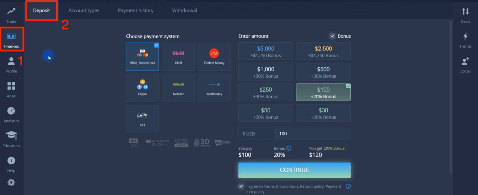 ฝากเงินใน ExpertOption ผ่านบัตรธนาคาร (Visa / Mastercard), E-Payment และ Cryptocurrency ในตุรกี