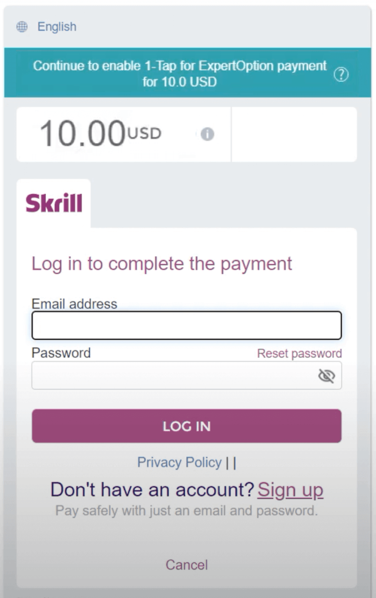 Deposite dinero en ExpertOption mediante tarjetas bancarias (Visa / Mastercard), pagos electrónicos (Skrill, Neteller) y criptomonedas en Sudáfrica