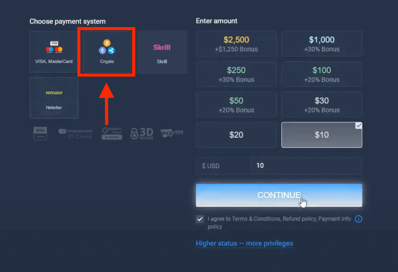 Deposite dinero en ExpertOption mediante tarjetas bancarias (Visa / Mastercard), pagos electrónicos (Skrill, Neteller) y criptomonedas en Sudáfrica
