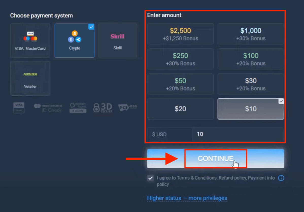 Deposite dinero en ExpertOption mediante tarjetas bancarias (Visa / Mastercard), pagos electrónicos (Skrill, Neteller) y criptomonedas en Sudáfrica