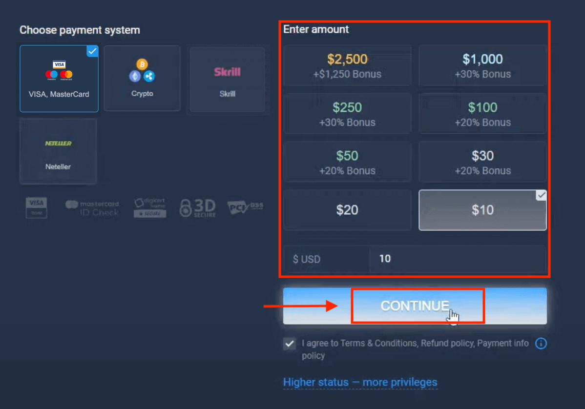 Deposite dinero en ExpertOption mediante tarjetas bancarias (Visa / Mastercard), pagos electrónicos (Skrill, Neteller) y criptomonedas en Sudáfrica