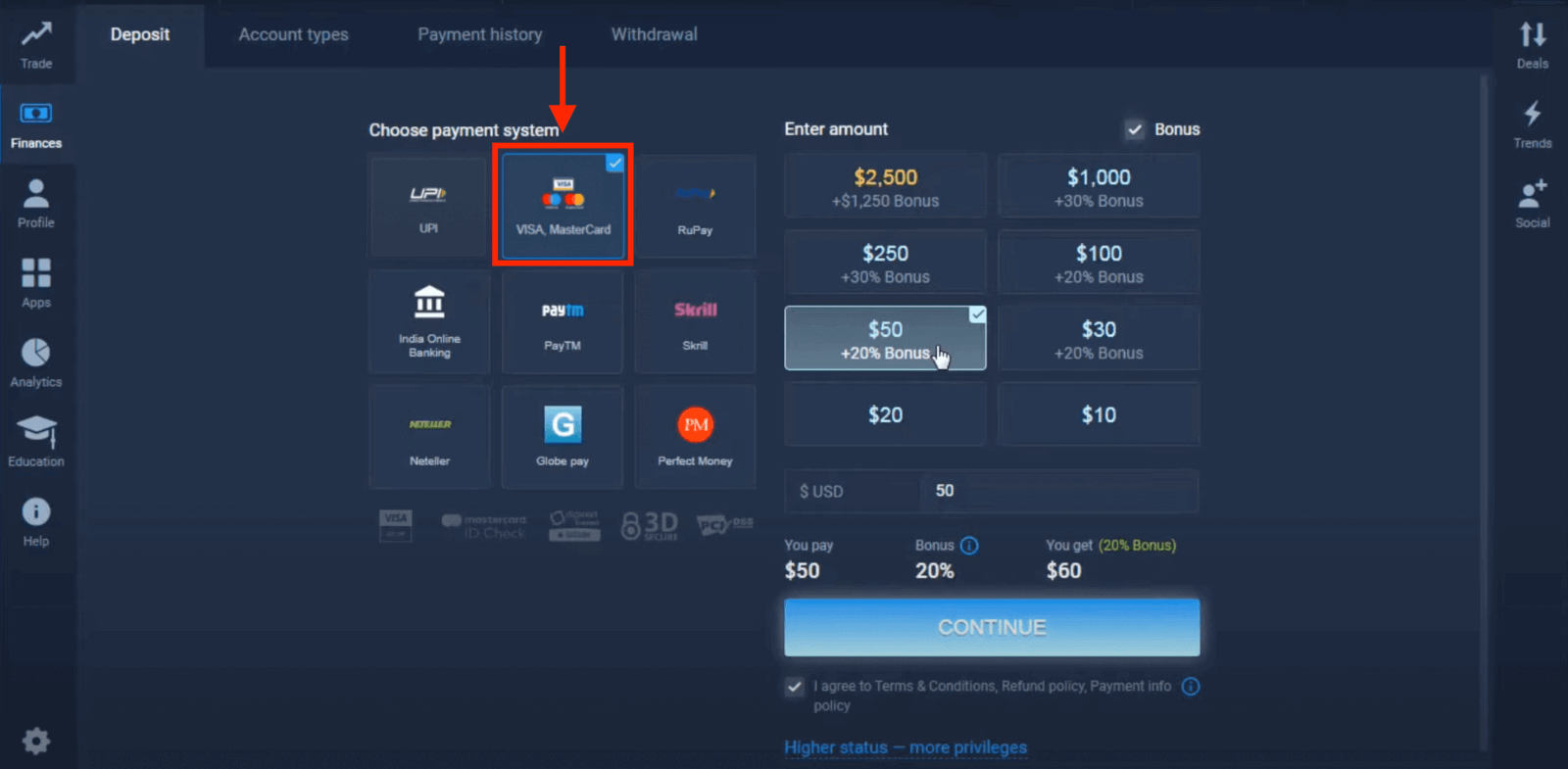 Deposite dinheiro em ExpertOption via cartões bancários (Visa / Mastercard), pagamentos eletrônicos (UPI, RuPay, Skrill, Neteller, PayTM, Globe pay, Perfect Money) e criptomoeda na Índia