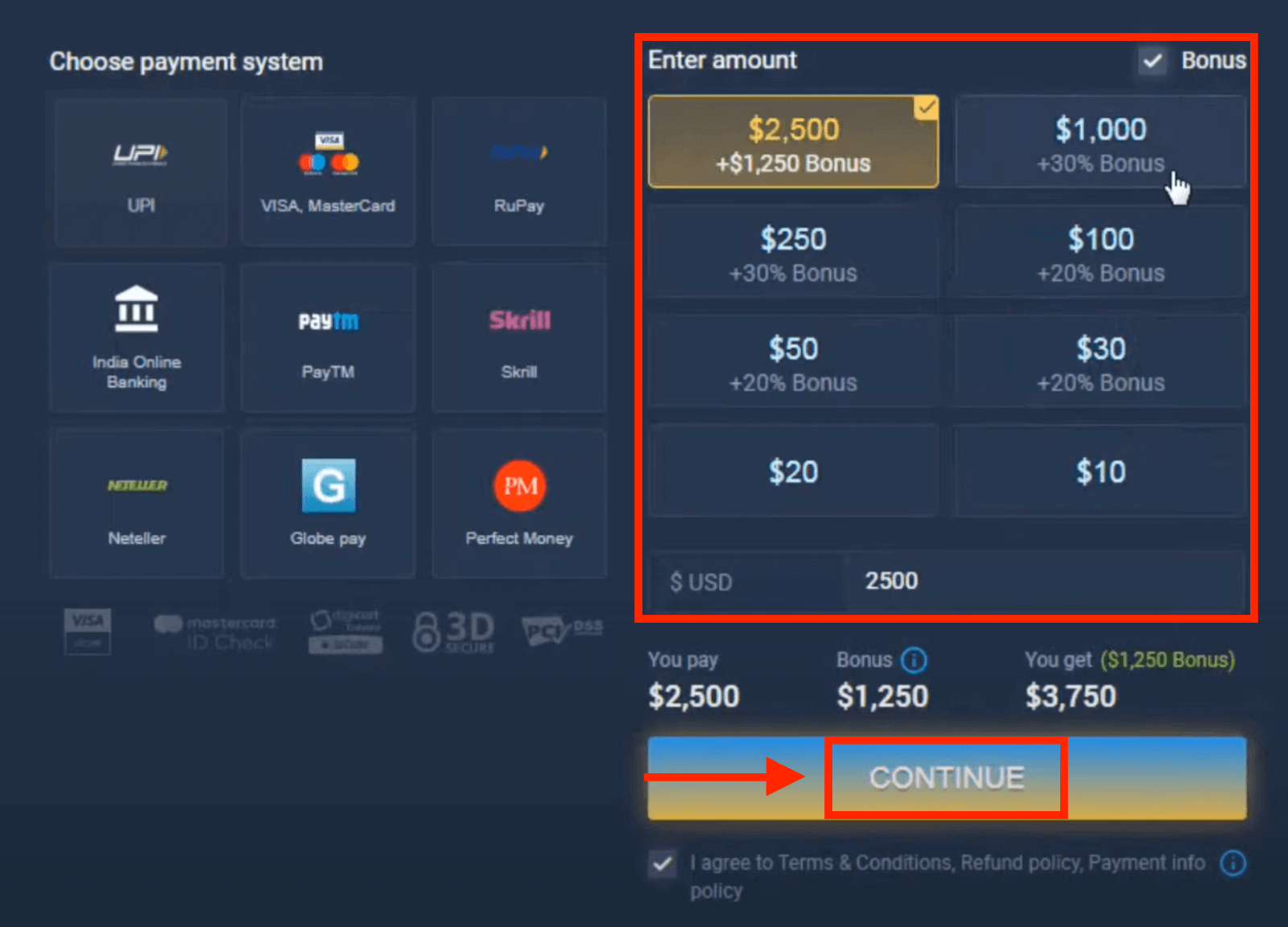 Deposite dinheiro em ExpertOption via cartões bancários (Visa / Mastercard), pagamentos eletrônicos (UPI, RuPay, Skrill, Neteller, PayTM, Globe pay, Perfect Money) e criptomoeda na Índia