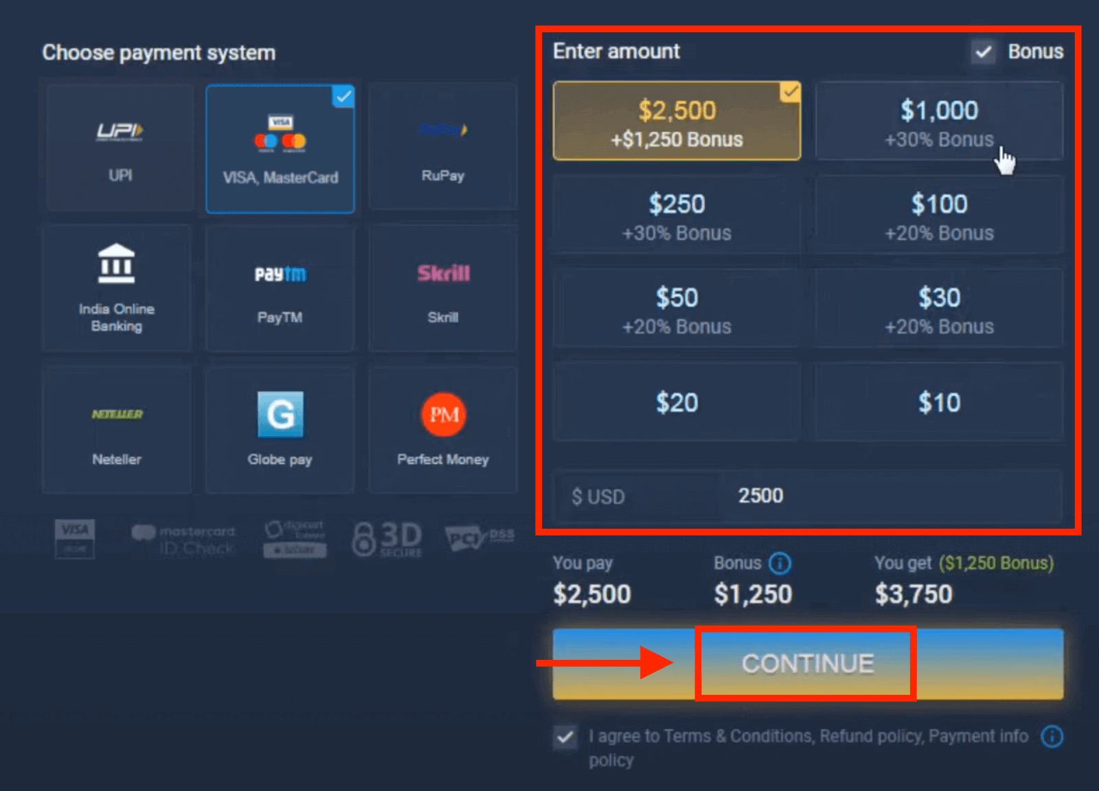 Deposite dinheiro em ExpertOption via cartões bancários (Visa / Mastercard), pagamentos eletrônicos (UPI, RuPay, Skrill, Neteller, PayTM, Globe pay, Perfect Money) e criptomoeda na Índia