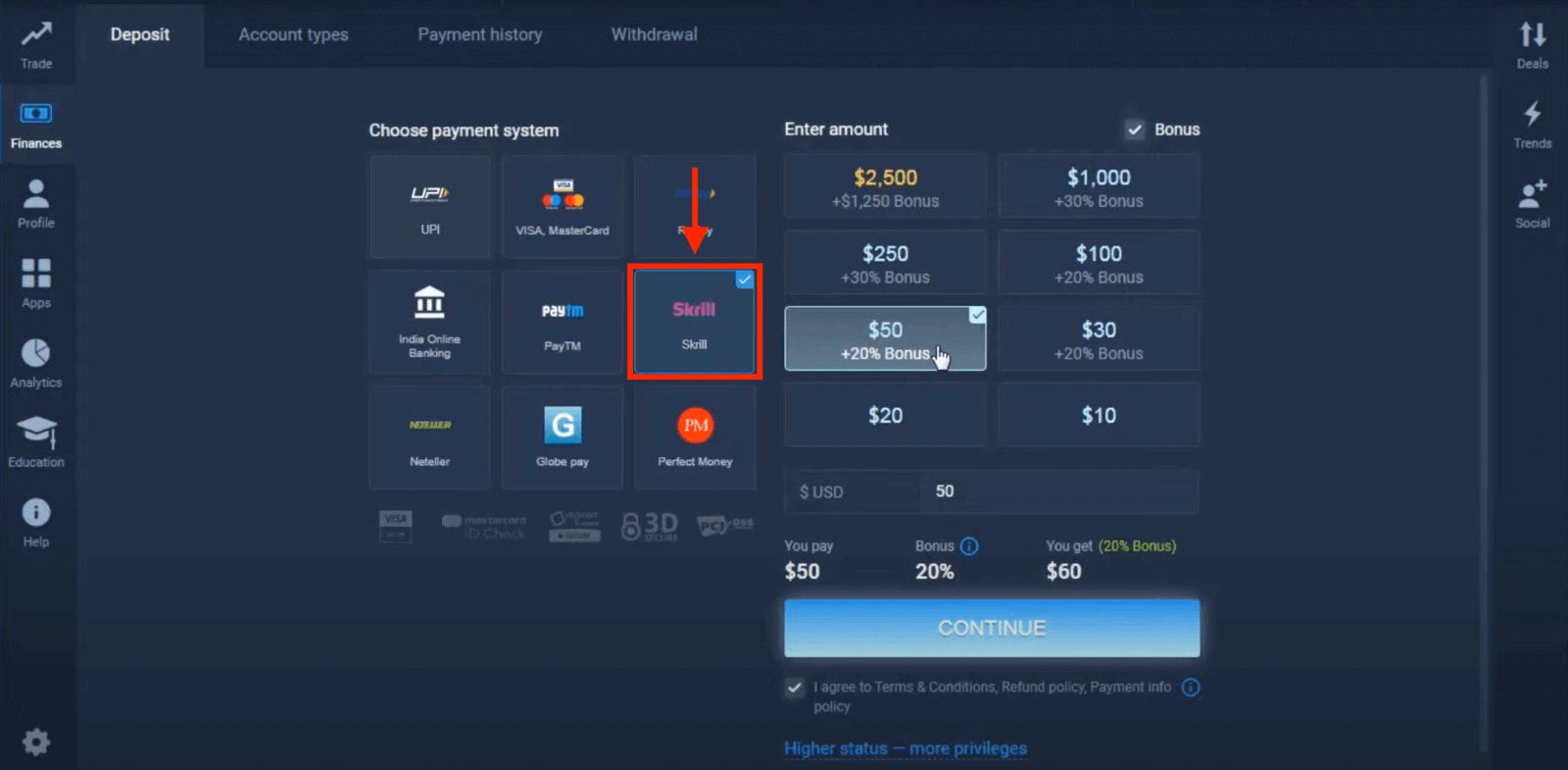 Deposite dinheiro em ExpertOption via cartões bancários (Visa / Mastercard), pagamentos eletrônicos (UPI, RuPay, Skrill, Neteller, PayTM, Globe pay, Perfect Money) e criptomoeda na Índia