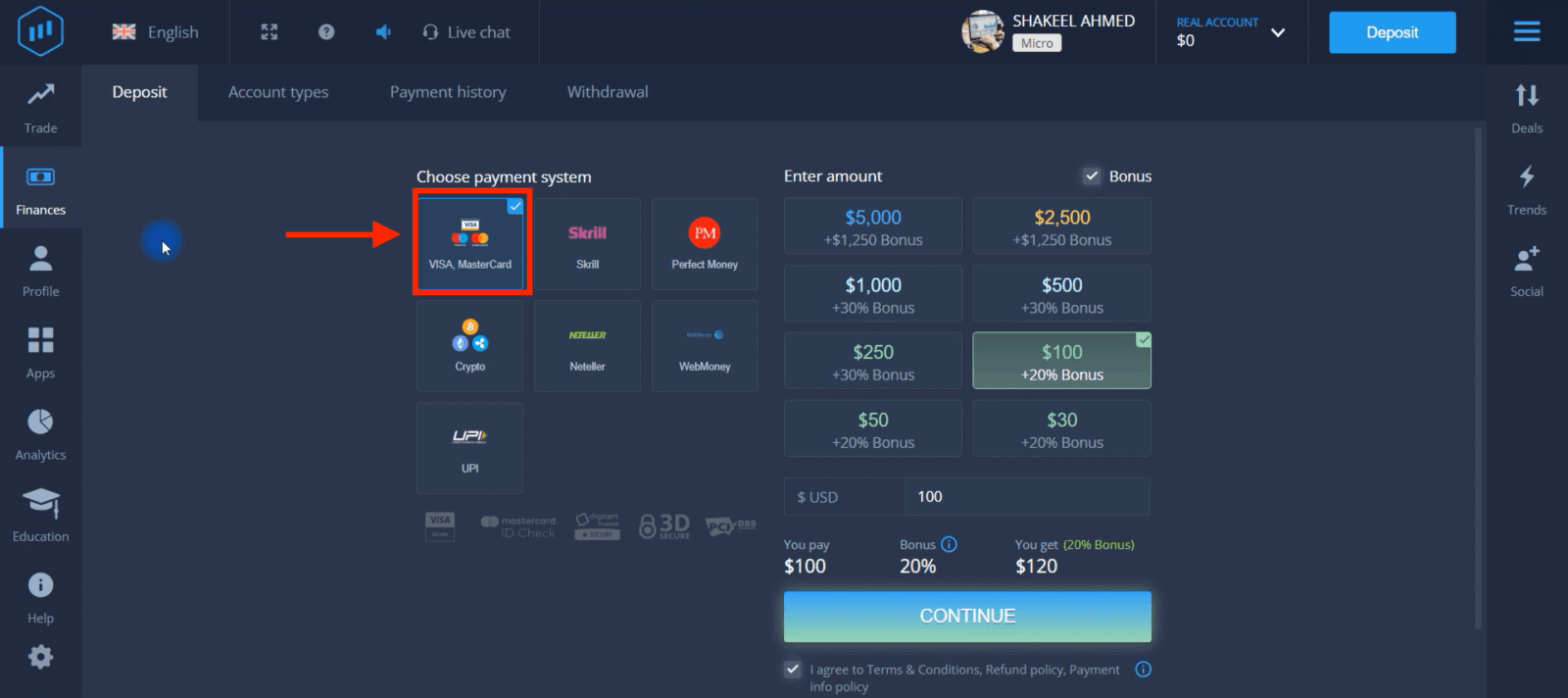 Gửi tiền vào ExpertOption qua Thẻ ngân hàng (Visa / Mastercard), thanh toán điện tử (UPI, Skrill, Neteller, WebMoney, Perfect Money) và tiền điện tử ở Pakistan