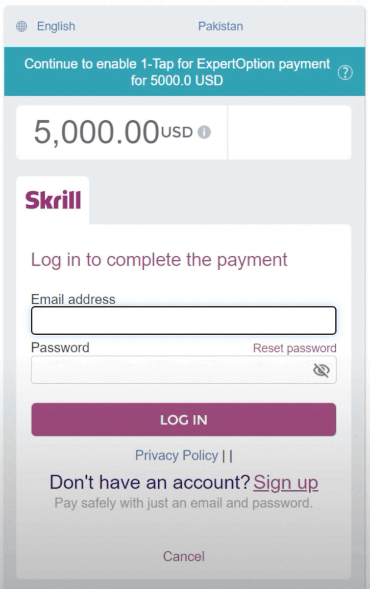 Gửi tiền vào ExpertOption qua Thẻ ngân hàng (Visa / Mastercard), thanh toán điện tử (UPI, Skrill, Neteller, WebMoney, Perfect Money) và tiền điện tử ở Pakistan