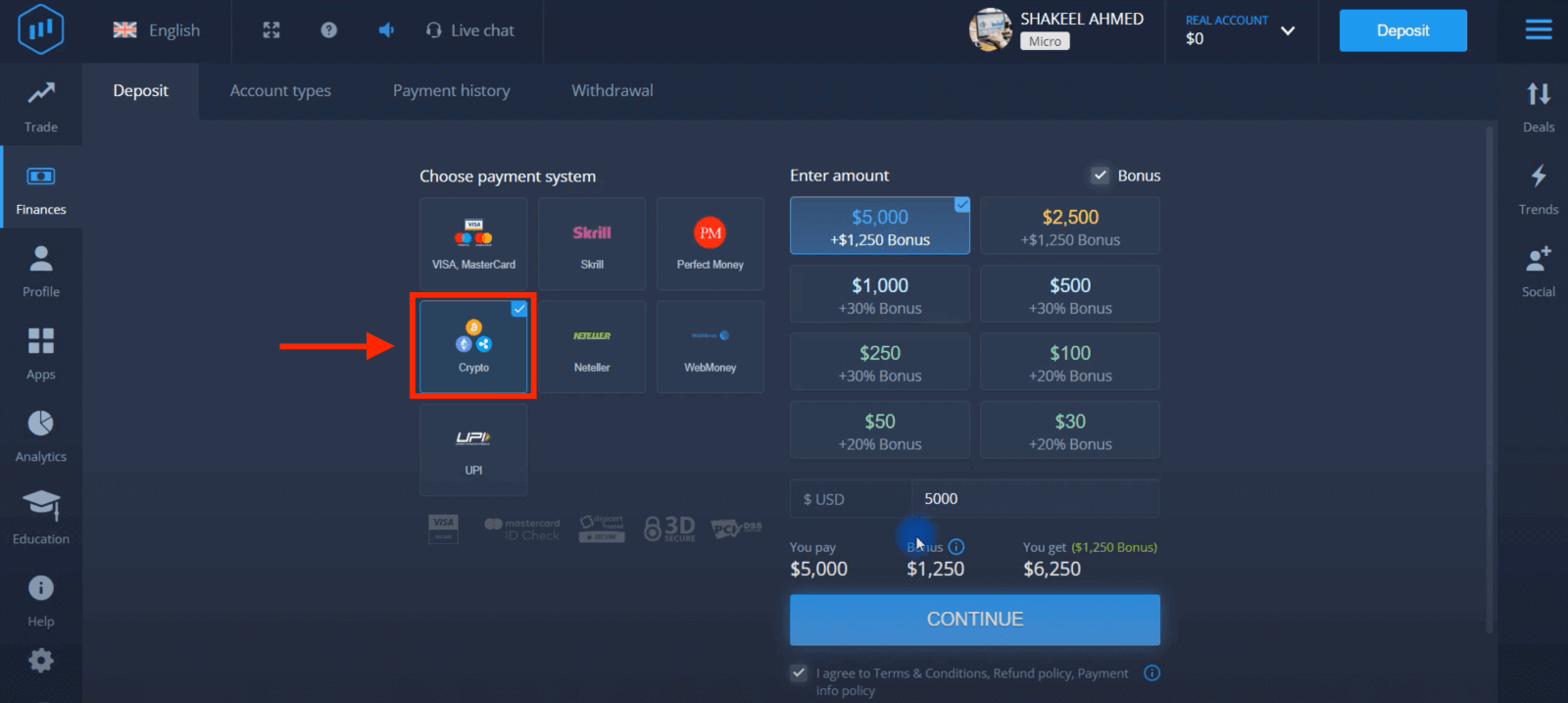 Gửi tiền vào ExpertOption qua Thẻ ngân hàng (Visa / Mastercard), thanh toán điện tử (UPI, Skrill, Neteller, WebMoney, Perfect Money) và tiền điện tử ở Pakistan