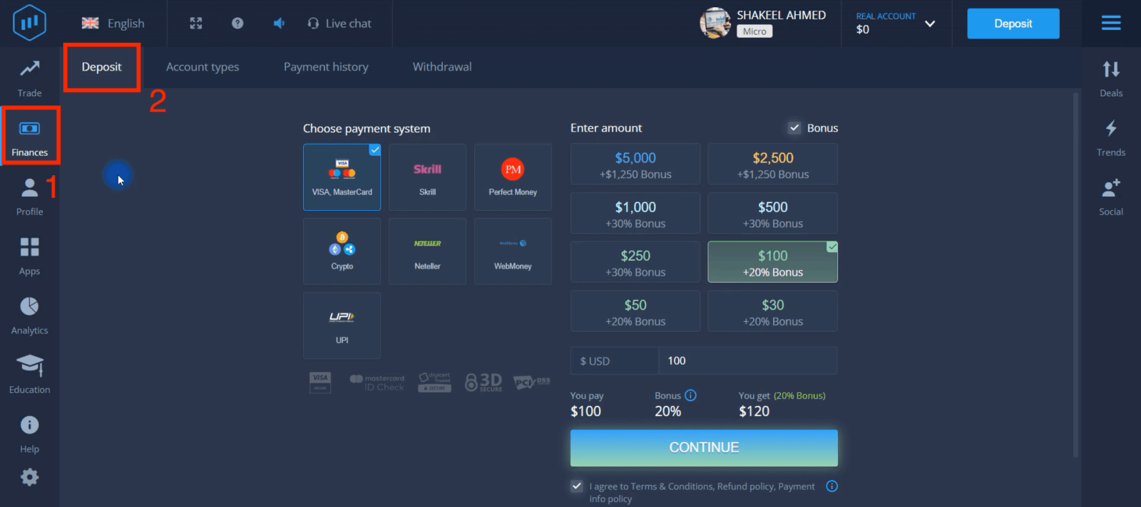 Gửi tiền vào ExpertOption qua Thẻ ngân hàng (Visa / Mastercard), thanh toán điện tử (UPI, Skrill, Neteller, WebMoney, Perfect Money) và tiền điện tử ở Pakistan