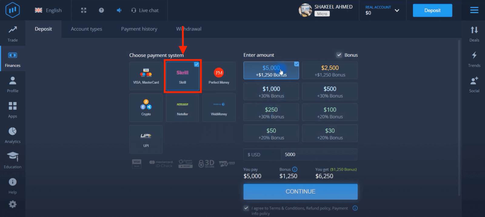 Gửi tiền vào ExpertOption qua Thẻ ngân hàng (Visa / Mastercard), thanh toán điện tử (UPI, Skrill, Neteller, WebMoney, Perfect Money) và tiền điện tử ở Pakistan