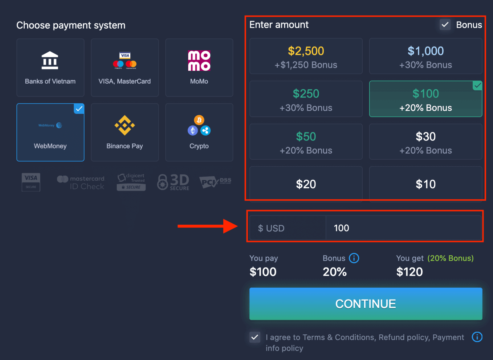 Deposite dinheiro em ExpertOption via cartões bancários (Visa / Mastercard), Internet Banking, pagamentos eletrônicos (MoMo, Perfect Money) e criptomoeda no Vietnã Deposite dinheiro em ExpertOption via cartões bancários (Visa / Mastercard), Internet Banking, pagamentos eletrônicos (MoMo, Perfect Money) e criptomoeda no Vietnã