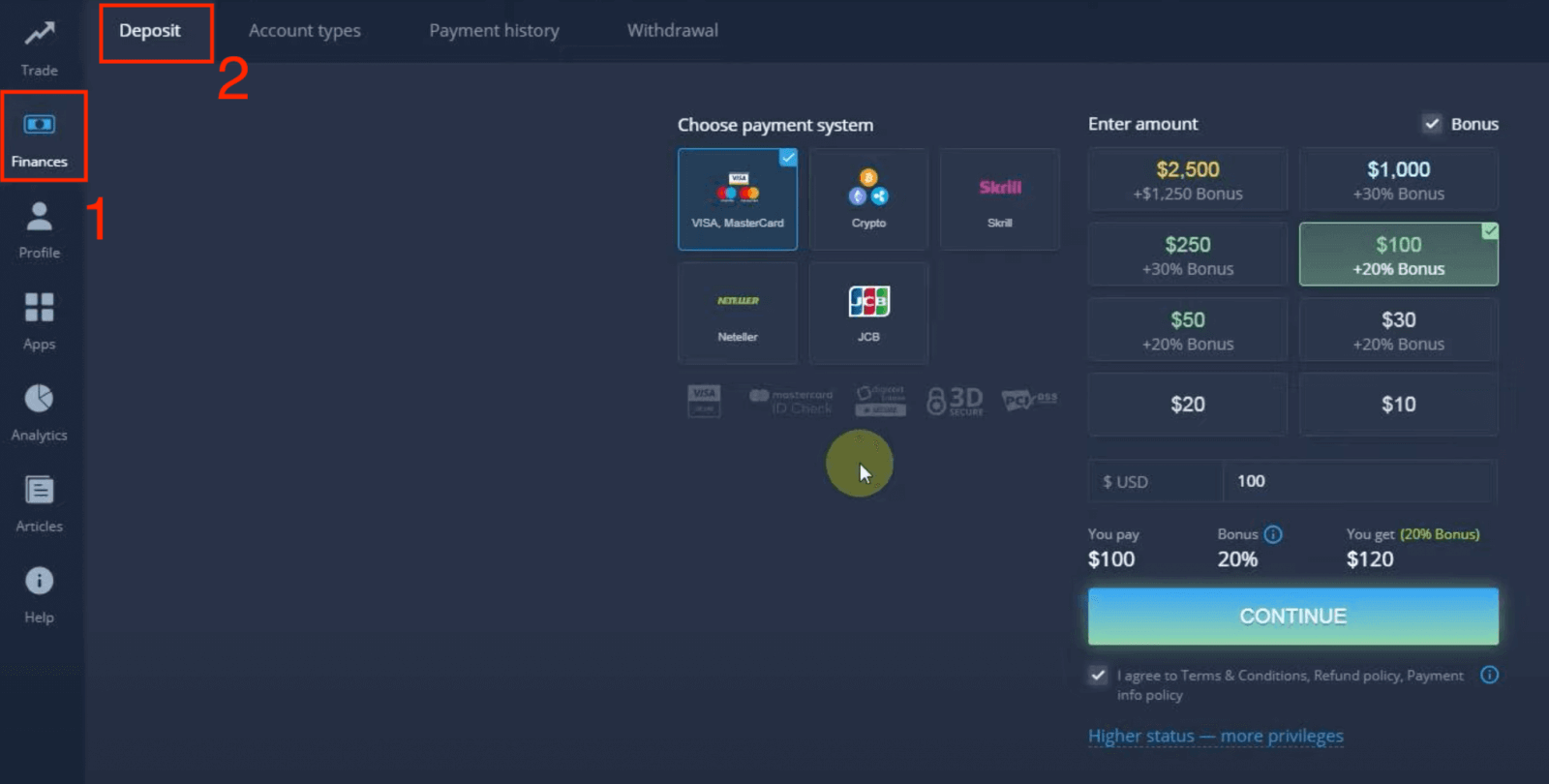 Внесите деньги в ExpertOption с помощью банковских карт (Visa / Mastercard / JCB), электронных платежей (Skrill, Neteller) и криптовалюты на Филиппинах. Внесите деньги в ExpertOption с помощью банковских карт (Visa / Mastercard / JCB), электронных платежей (Skrill, Neteller) и криптовалюты на Филиппинах.