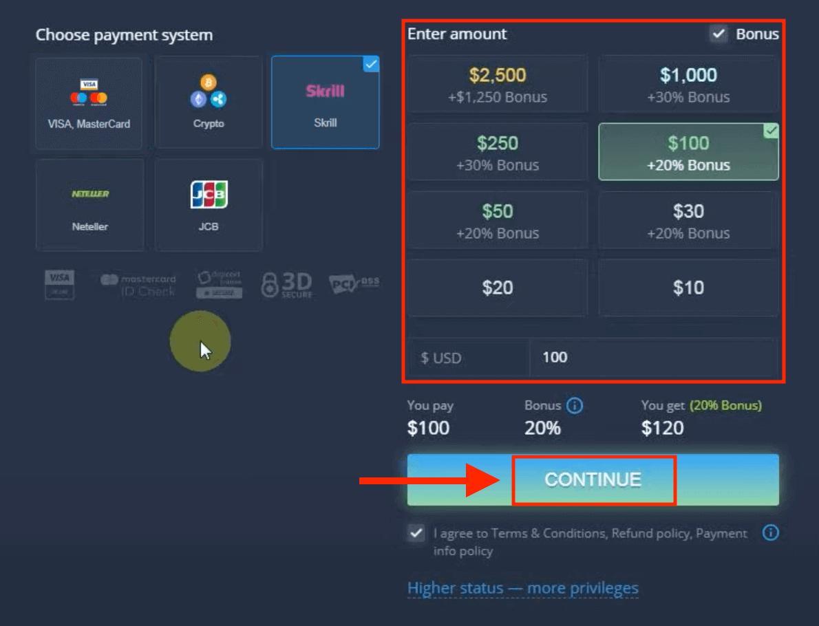 Внесите деньги в ExpertOption с помощью банковских карт (Visa / Mastercard / JCB), электронных платежей (Skrill, Neteller) и криптовалюты на Филиппинах. Внесите деньги в ExpertOption с помощью банковских карт (Visa / Mastercard / JCB), электронных платежей (Skrill, Neteller) и криптовалюты на Филиппинах.