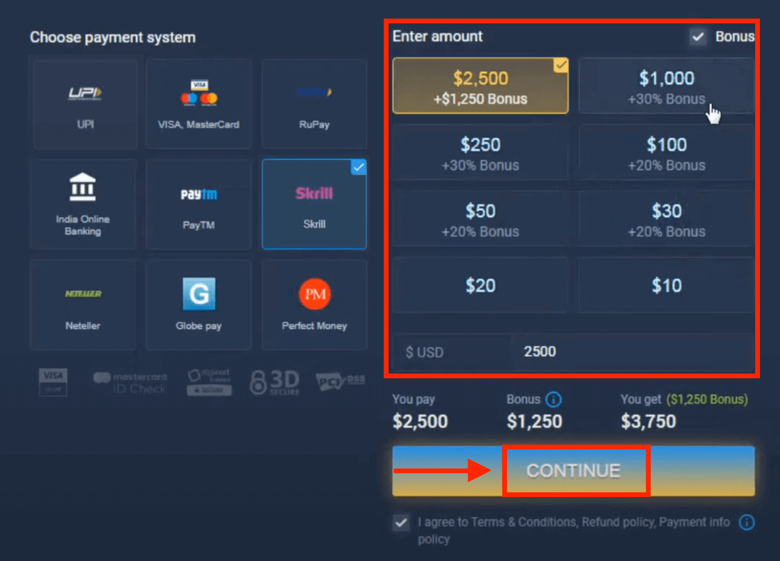 „ExpertOption“ indėlis Indijoje – „Visa“ / „Mastercard“, UPI, el. mokėjimai ir kriptovaliuta