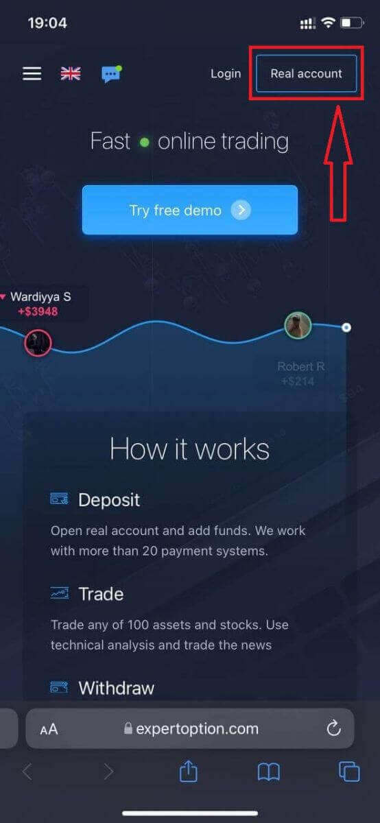 Como se registrar e começar a negociar com uma conta demo em ExpertOption
